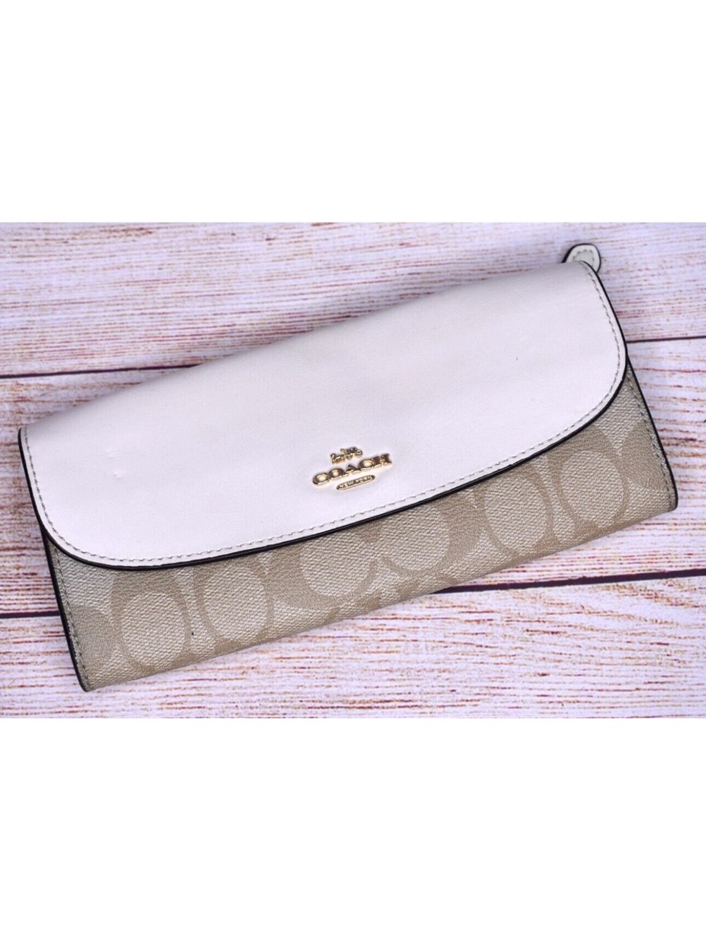 COACH Wallet Coated Canvas Khaki Signature Leather Envelope Large F16117